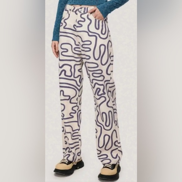 Zara Cream and Purple Funky Abstract Print Straight Leg Jeans Sz 0 - Picture 2 of 7